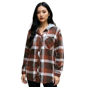 Maurices Top Womans 2X Brown Cabin Plaid Boyfriend Hooded Flannel Button Down